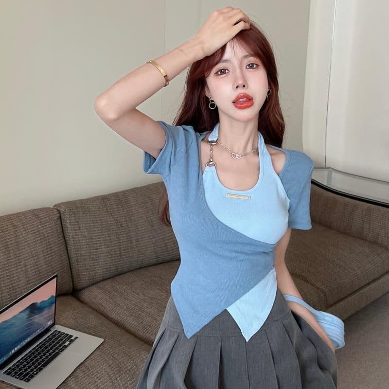 얼음 실크 리브 달콤한 매운맛 행침 목 긍정적 인 어깨 반팔 티셔츠 여성 여름 십자가 불규칙 배색 쇼트 스타일 맨위 이미지 5