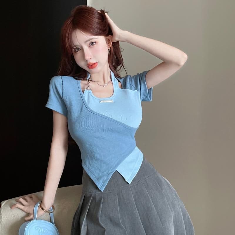 얼음 실크 리브 달콤한 매운맛 행침 목 긍정적 인 어깨 반팔 티셔츠 여성 여름 십자가 불규칙 배색 쇼트 스타일 맨위 이미지 4
