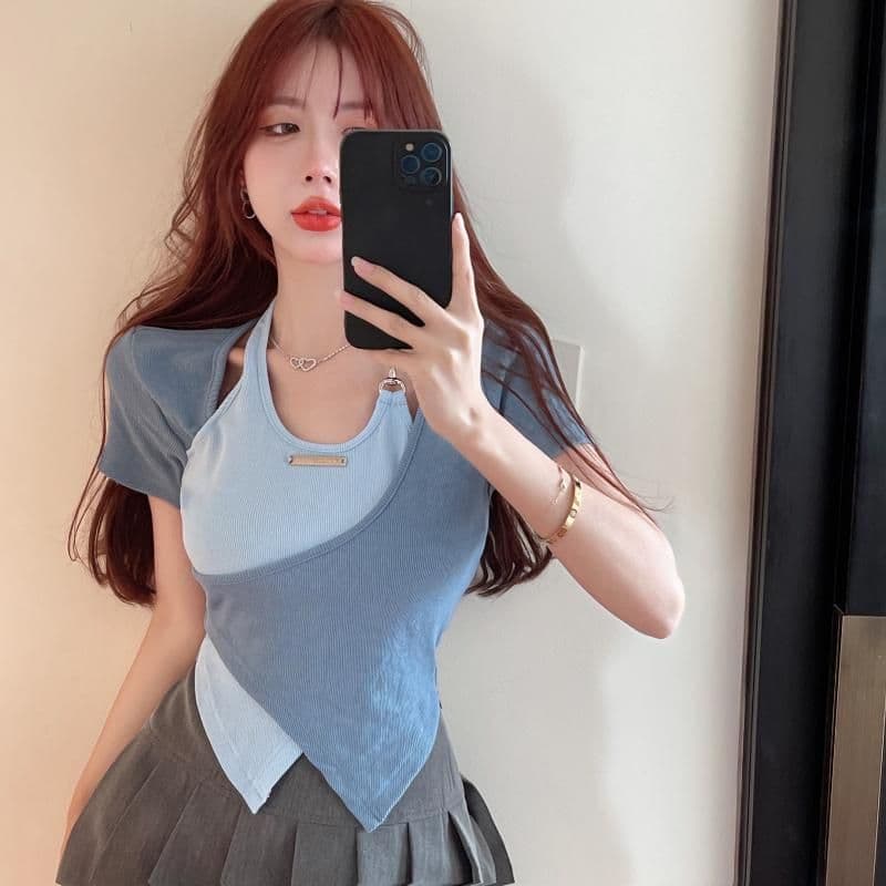얼음 실크 리브 달콤한 매운맛 행침 목 긍정적 인 어깨 반팔 티셔츠 여성 여름 십자가 불규칙 배색 쇼트 스타일 맨위 상세 이미지 3