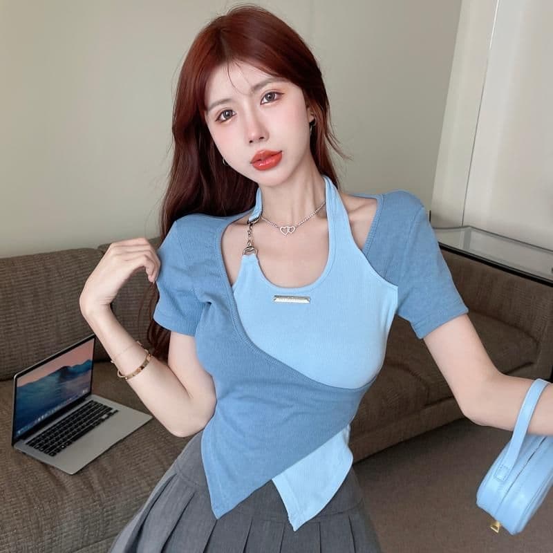 얼음 실크 리브 달콤한 매운맛 행침 목 긍정적 인 어깨 반팔 티셔츠 여성 여름 십자가 불규칙 배색 쇼트 스타일 맨위 상세 이미지 4
