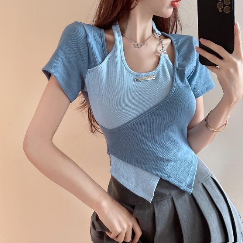 얼음 실크 리브 달콤한 매운맛 행침 목 긍정적 인 어깨 반팔 티셔츠 여성 여름 십자가 불규칙 배색 쇼트 스타일 맨위 상세 이미지 5