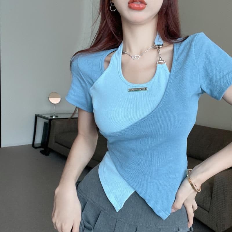 얼음 실크 리브 달콤한 매운맛 행침 목 긍정적 인 어깨 반팔 티셔츠 여성 여름 십자가 불규칙 배색 쇼트 스타일 맨위 상세 이미지 8