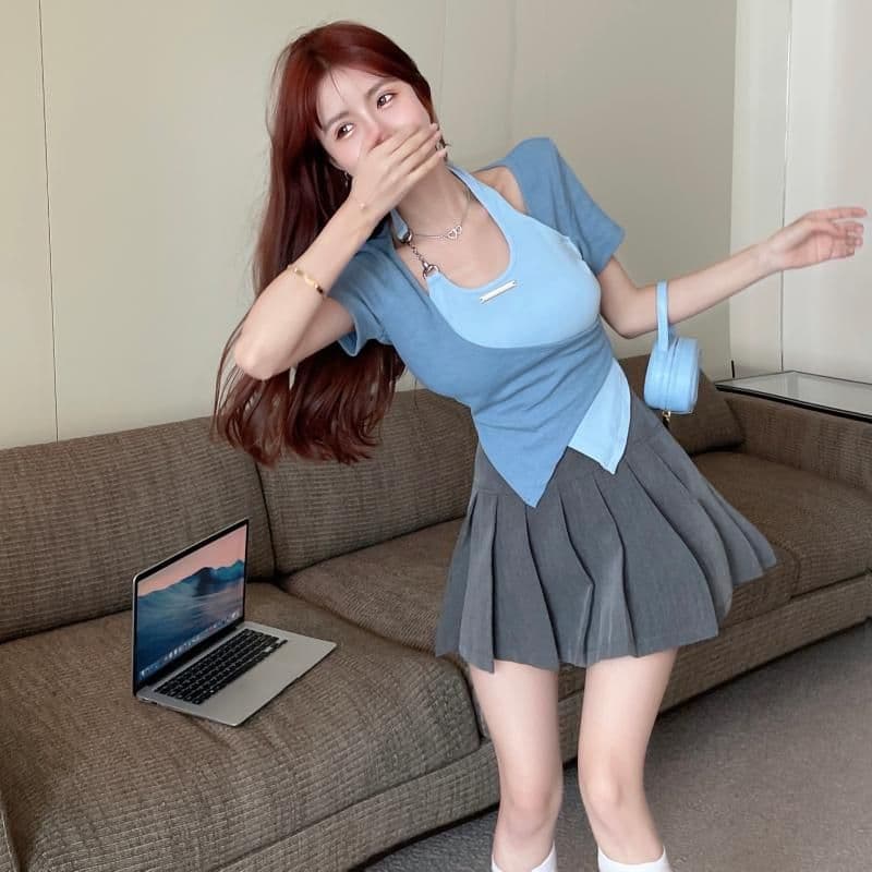 얼음 실크 리브 달콤한 매운맛 행침 목 긍정적 인 어깨 반팔 티셔츠 여성 여름 십자가 불규칙 배색 쇼트 스타일 맨위 상세 이미지 9