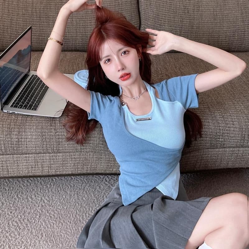 얼음 실크 리브 달콤한 매운맛 행침 목 긍정적 인 어깨 반팔 티셔츠 여성 여름 십자가 불규칙 배색 쇼트 스타일 맨위 상세 이미지 10
