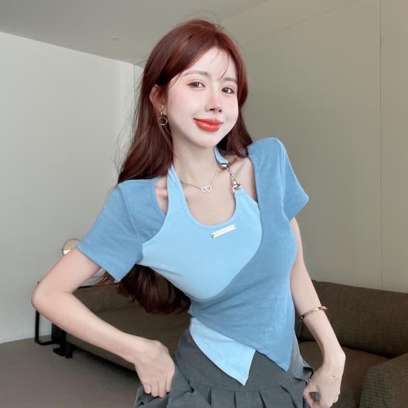얼음 실크 리브 달콤한 매운맛 행침 목 긍정적 인 어깨 반팔 티셔츠 여성 여름 십자가 불규칙 배색 쇼트 스타일 맨위 상세 이미지 11