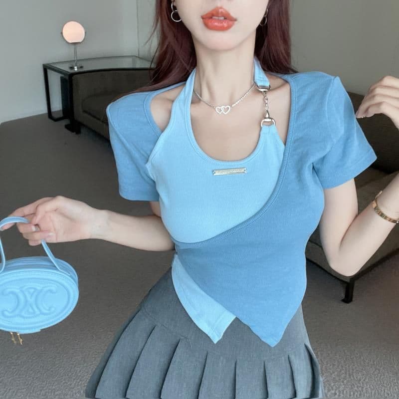 얼음 실크 리브 달콤한 매운맛 행침 목 긍정적 인 어깨 반팔 티셔츠 여성 여름 십자가 불규칙 배색 쇼트 스타일 맨위 상세 이미지 12