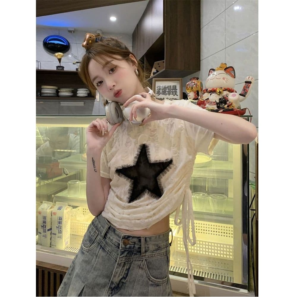 원본 원단 디자인 센스 펌프 로프 반팔 작은 대중 맨위 여성 봄 루즈핏 아메리칸 핫걸 기본 셔츠