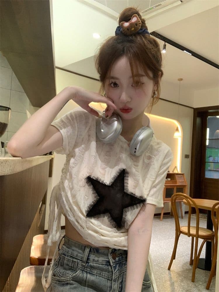 원본 원단 디자인 센스 펌프 로프 반팔 작은 대중 맨위 여성 봄 루즈핏 아메리칸 핫걸 기본 셔츠 상세 이미지 2