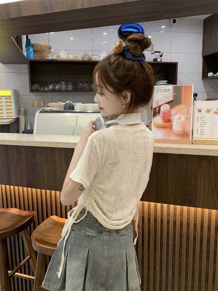 원본 원단 디자인 센스 펌프 로프 반팔 작은 대중 맨위 여성 봄 루즈핏 아메리칸 핫걸 기본 셔츠 상세 이미지 3
