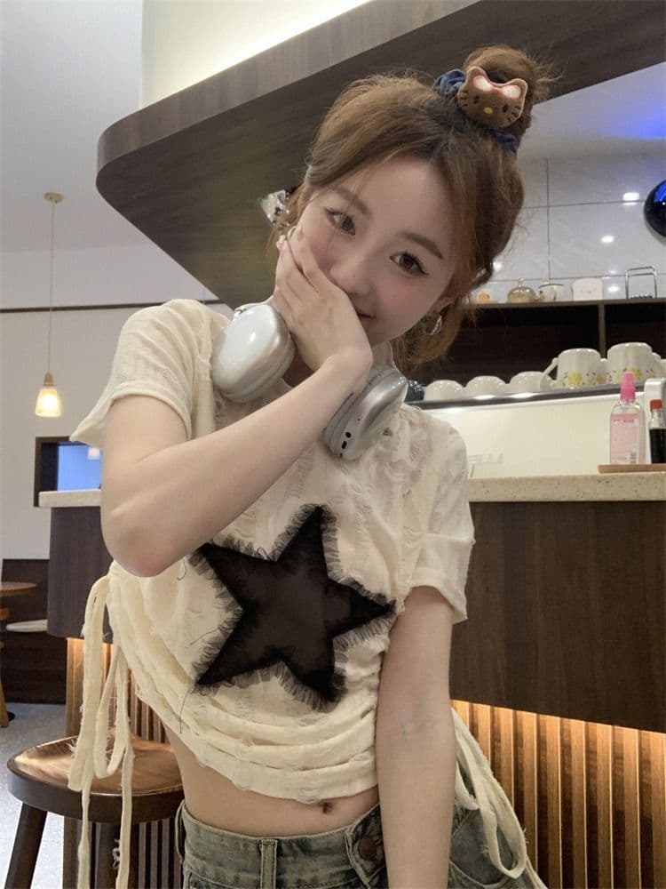 원본 원단 디자인 센스 펌프 로프 반팔 작은 대중 맨위 여성 봄 루즈핏 아메리칸 핫걸 기본 셔츠 상세 이미지 4