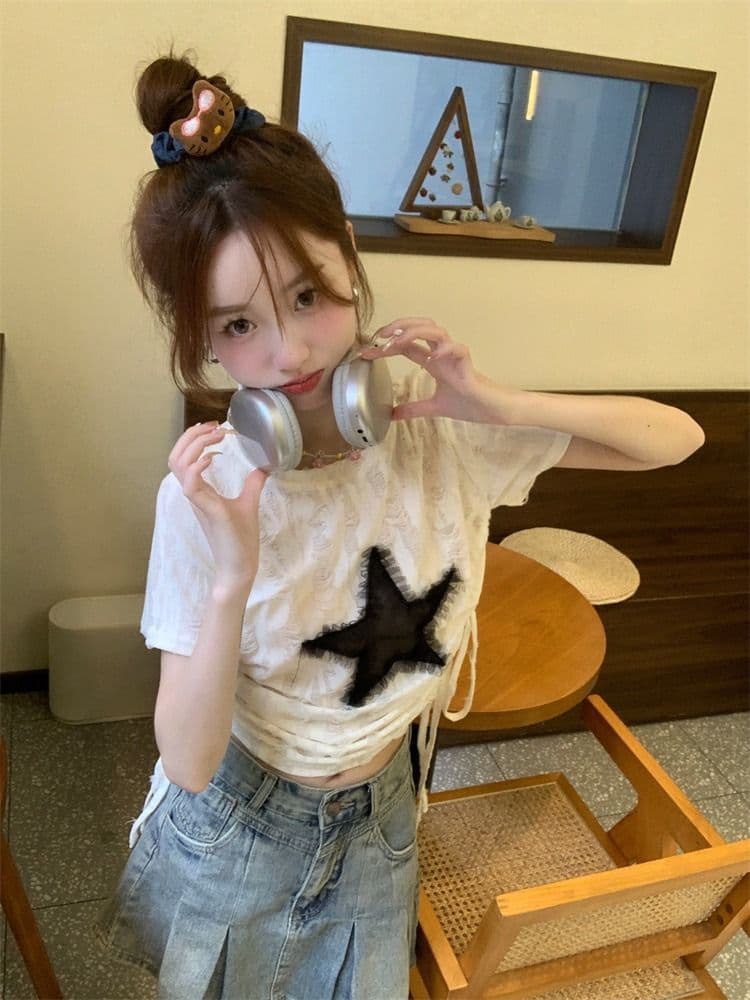 원본 원단 디자인 센스 펌프 로프 반팔 작은 대중 맨위 여성 봄 루즈핏 아메리칸 핫걸 기본 셔츠 상세 이미지 9