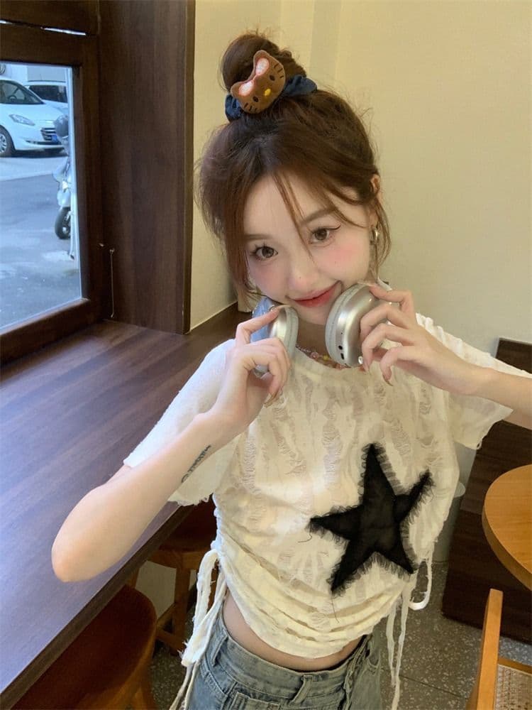 원본 원단 디자인 센스 펌프 로프 반팔 작은 대중 맨위 여성 봄 루즈핏 아메리칸 핫걸 기본 셔츠 상세 이미지 10