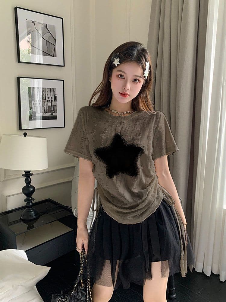 원본 원단 디자인 센스 펌프 로프 반팔 작은 대중 맨위 여성 봄 루즈핏 아메리칸 핫걸 기본 셔츠 상세 이미지 14