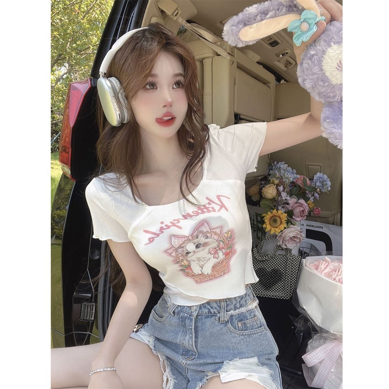 높음 폭탄 리브 만화 프린트 광장 칼라 긍정적 인 어깨 반팔 티셔츠 여성 순수한 욕망 달콤한 매운맛 이슬 쇄골 몸매 가꾸기 맨위 이미지 3