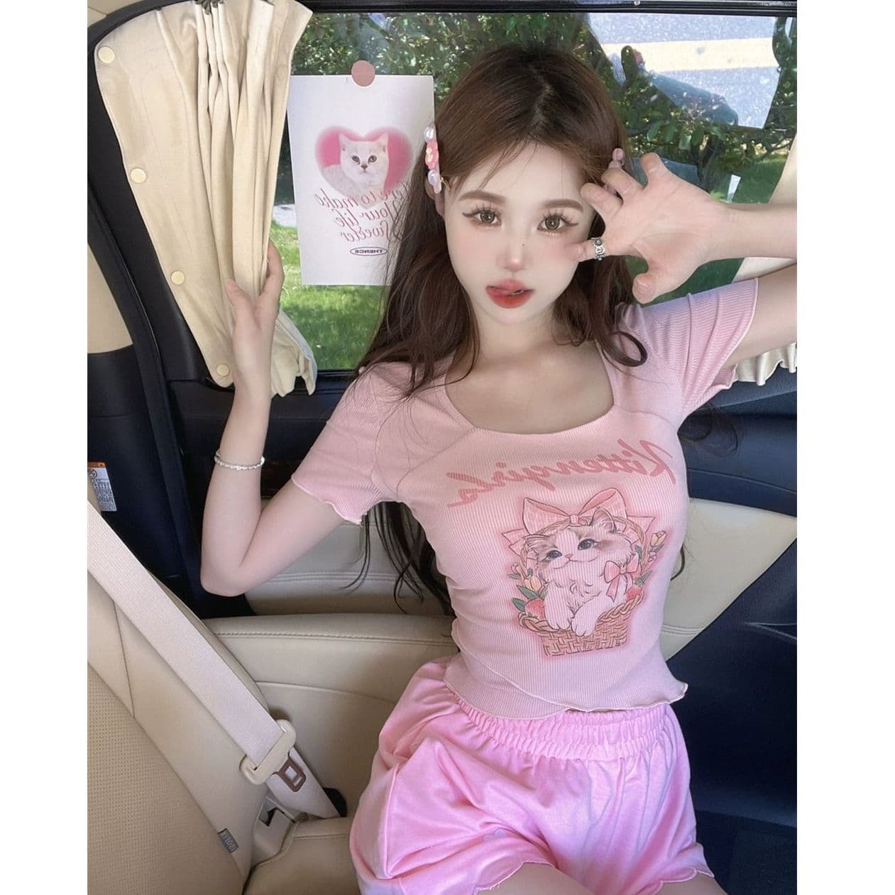 높음 폭탄 리브 만화 프린트 광장 칼라 긍정적 인 어깨 반팔 티셔츠 여성 순수한 욕망 달콤한 매운맛 이슬 쇄골 몸매 가꾸기 맨위 이미지 5