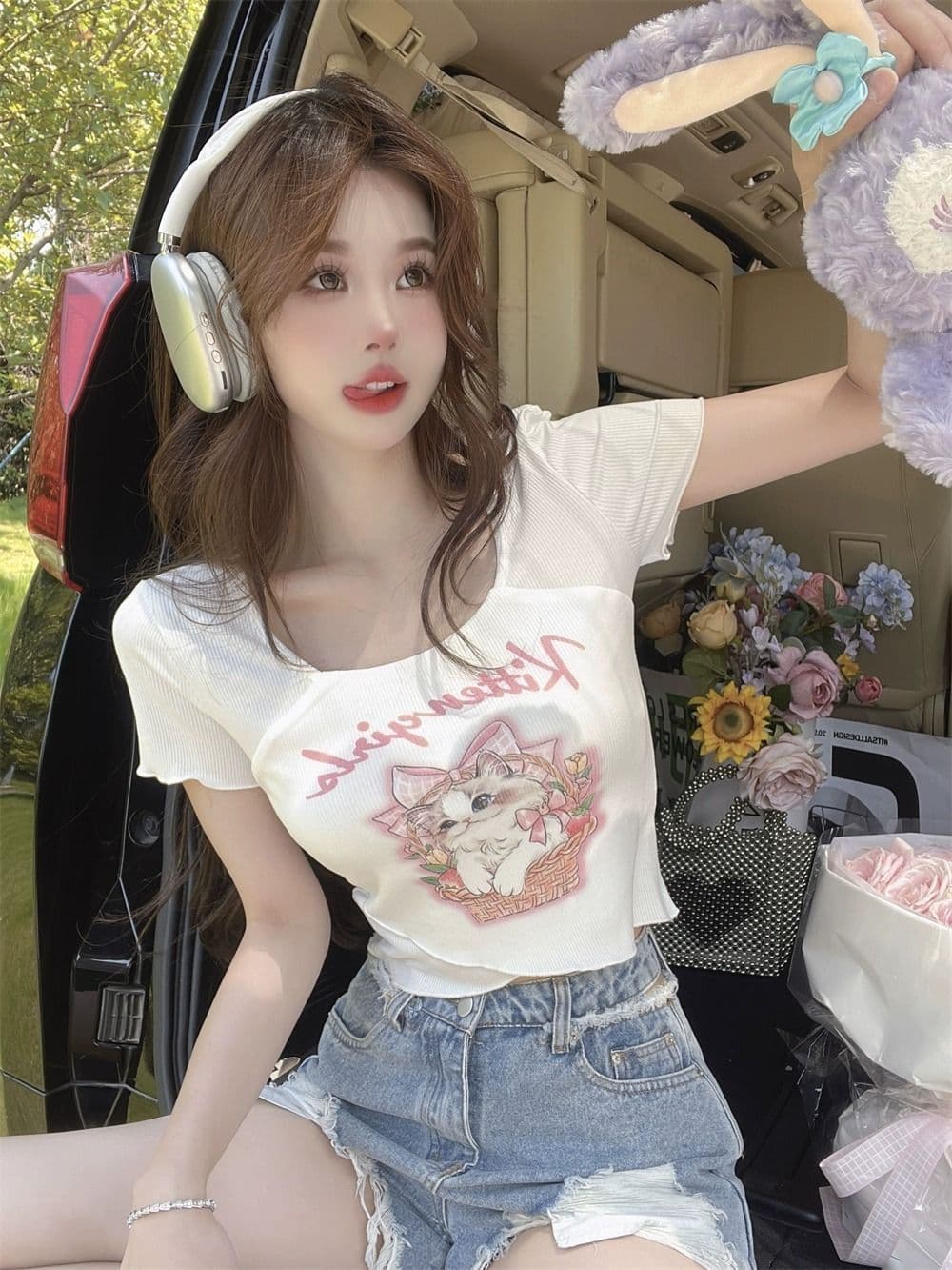 높음 폭탄 리브 만화 프린트 광장 칼라 긍정적 인 어깨 반팔 티셔츠 여성 순수한 욕망 달콤한 매운맛 이슬 쇄골 몸매 가꾸기 맨위 상세 이미지 2