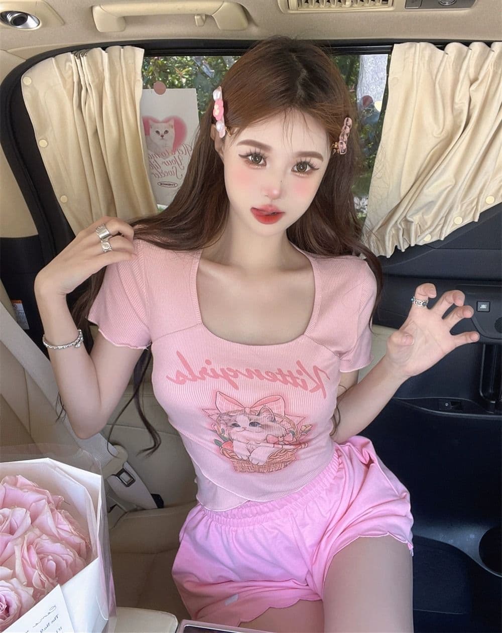 높음 폭탄 리브 만화 프린트 광장 칼라 긍정적 인 어깨 반팔 티셔츠 여성 순수한 욕망 달콤한 매운맛 이슬 쇄골 몸매 가꾸기 맨위 상세 이미지 13