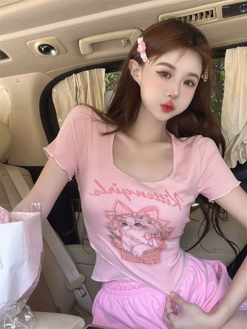 높음 폭탄 리브 만화 프린트 광장 칼라 긍정적 인 어깨 반팔 티셔츠 여성 순수한 욕망 달콤한 매운맛 이슬 쇄골 몸매 가꾸기 맨위 상세 이미지 14