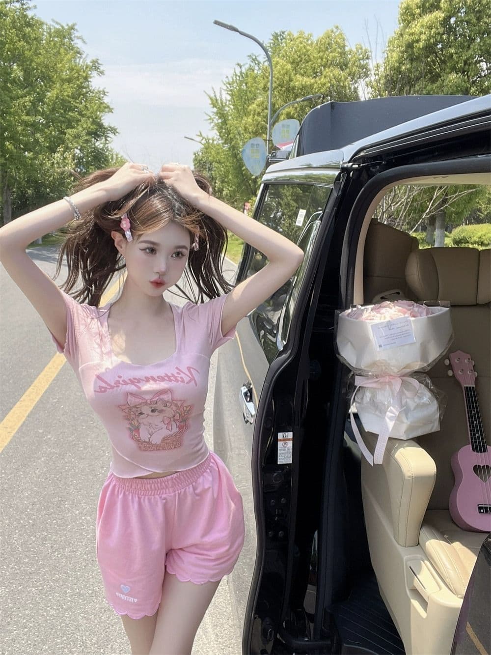 높음 폭탄 리브 만화 프린트 광장 칼라 긍정적 인 어깨 반팔 티셔츠 여성 순수한 욕망 달콤한 매운맛 이슬 쇄골 몸매 가꾸기 맨위 상세 이미지 20