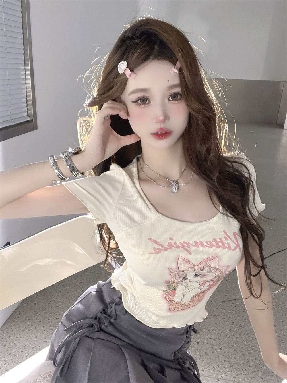 높음 폭탄 리브 만화 프린트 광장 칼라 긍정적 인 어깨 반팔 티셔츠 여성 순수한 욕망 달콤한 매운맛 이슬 쇄골 몸매 가꾸기 맨위 상세 이미지 25