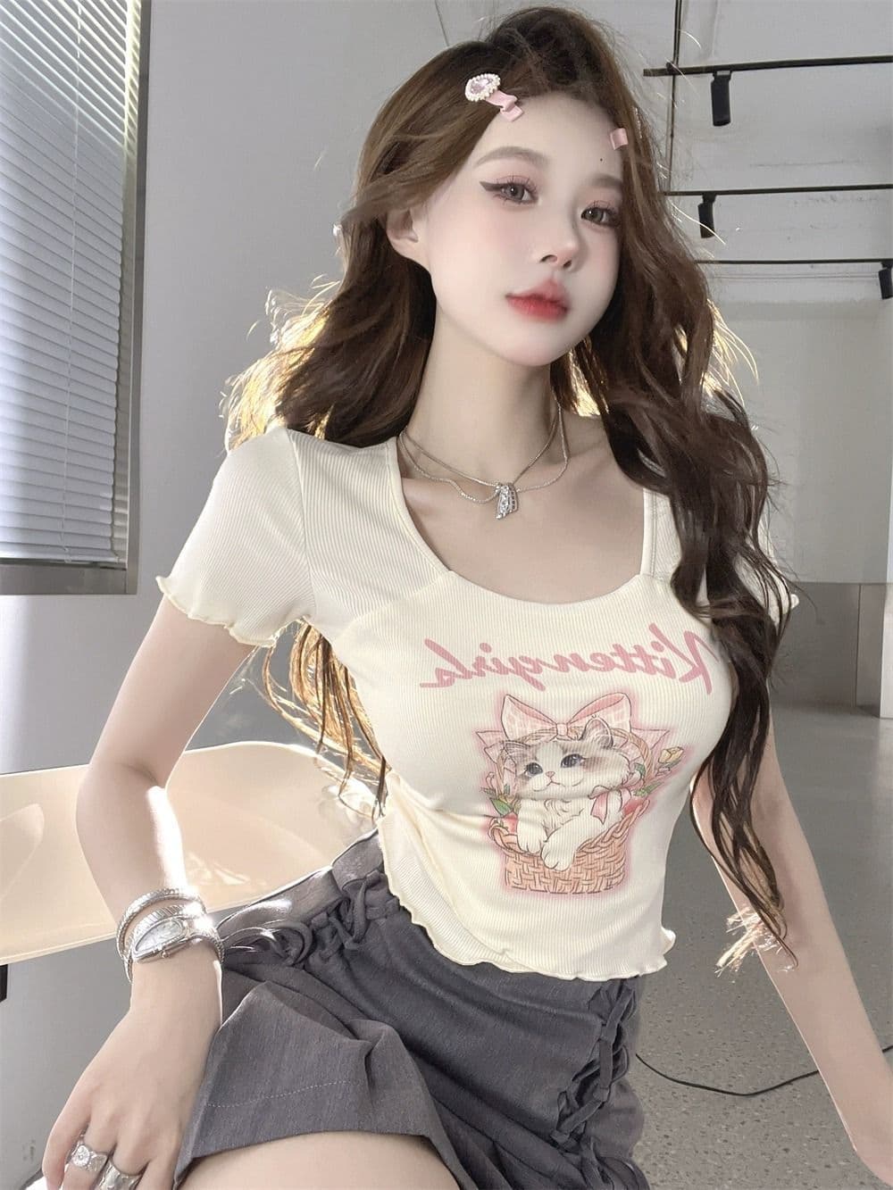 높음 폭탄 리브 만화 프린트 광장 칼라 긍정적 인 어깨 반팔 티셔츠 여성 순수한 욕망 달콤한 매운맛 이슬 쇄골 몸매 가꾸기 맨위 상세 이미지 26