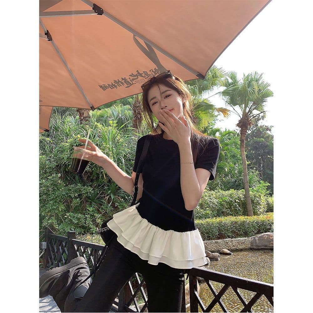 사람들 면 260 그램 퍼프 레이스 패치워크 페이크 레이어드 반팔 여성 여름 프릴 디자인 센스 라운드 넥 맨위