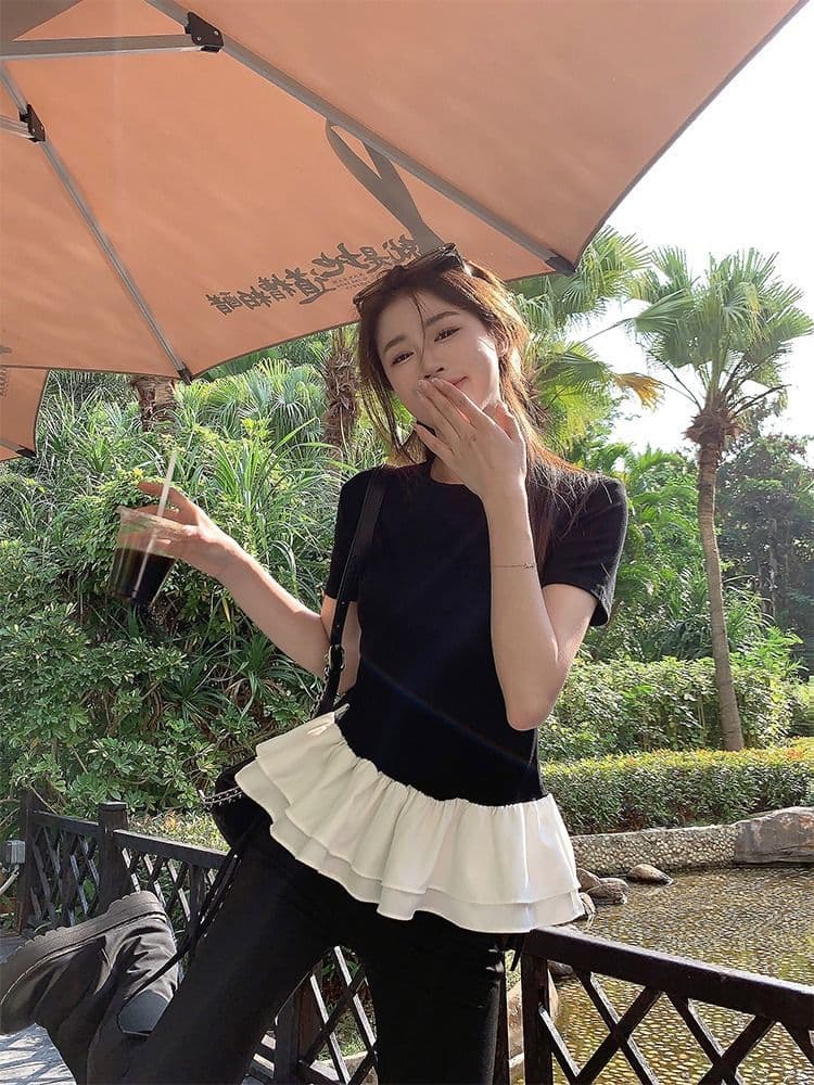 사람들 면 260 그램 퍼프 레이스 패치워크 페이크 레이어드 반팔 여성 여름 프릴 디자인 센스 라운드 넥 맨위 상세 이미지 2
