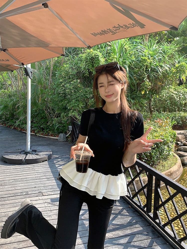 사람들 면 260 그램 퍼프 레이스 패치워크 페이크 레이어드 반팔 여성 여름 프릴 디자인 센스 라운드 넥 맨위 상세 이미지 4