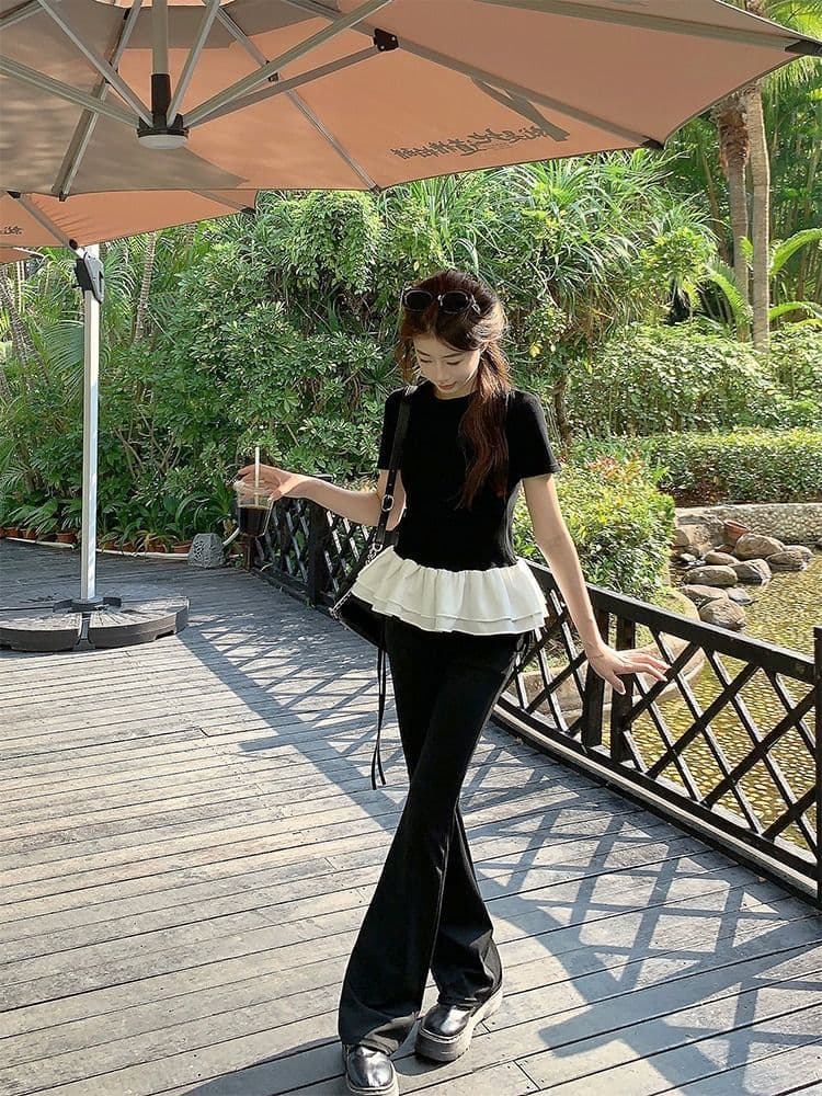 사람들 면 260 그램 퍼프 레이스 패치워크 페이크 레이어드 반팔 여성 여름 프릴 디자인 센스 라운드 넥 맨위 상세 이미지 5