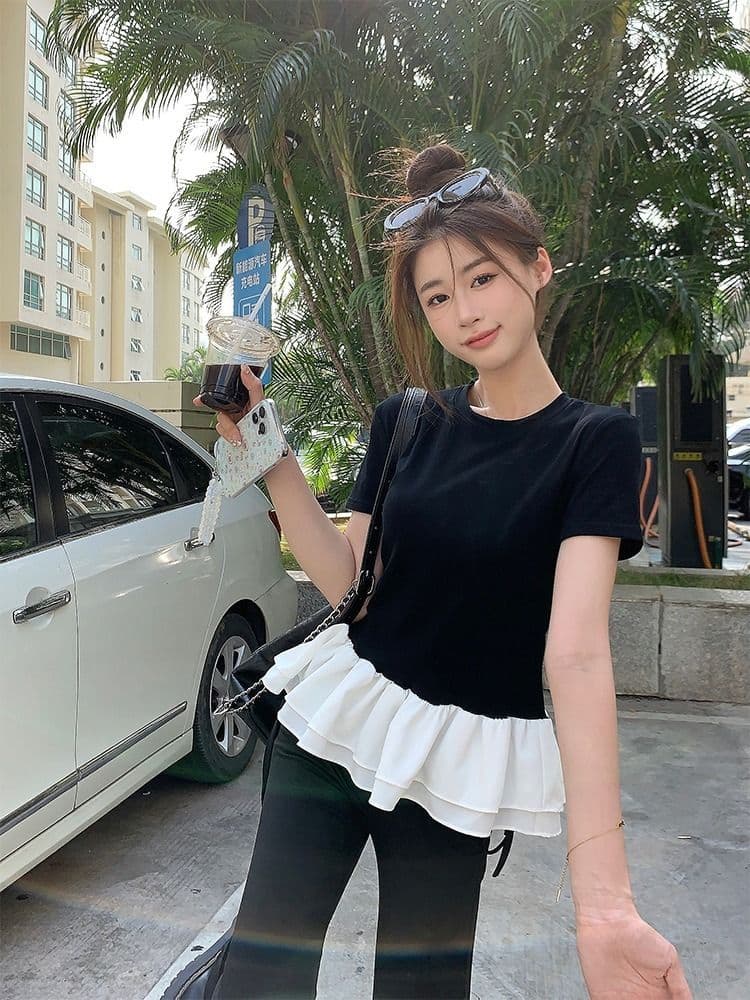 사람들 면 260 그램 퍼프 레이스 패치워크 페이크 레이어드 반팔 여성 여름 프릴 디자인 센스 라운드 넥 맨위 상세 이미지 8