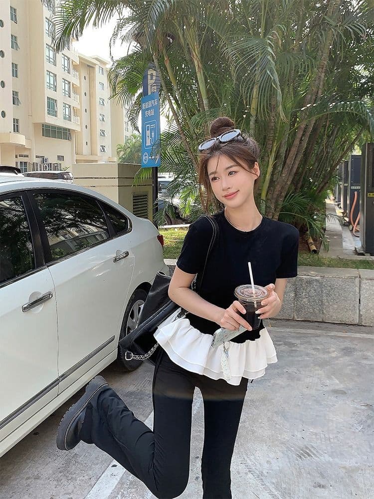 사람들 면 260 그램 퍼프 레이스 패치워크 페이크 레이어드 반팔 여성 여름 프릴 디자인 센스 라운드 넥 맨위 상세 이미지 9