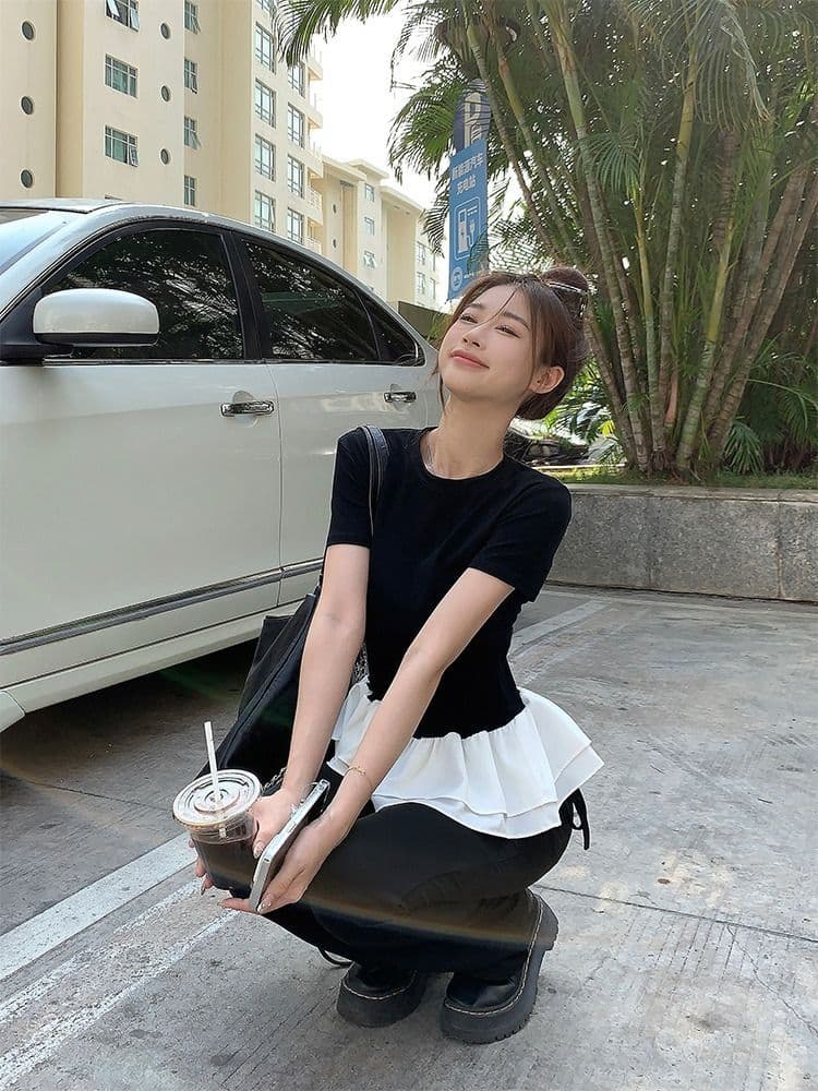 사람들 면 260 그램 퍼프 레이스 패치워크 페이크 레이어드 반팔 여성 여름 프릴 디자인 센스 라운드 넥 맨위 상세 이미지 10