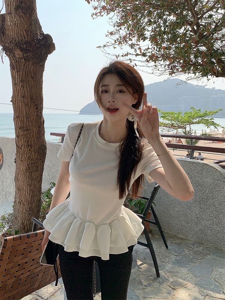 사람들 면 260 그램 퍼프 레이스 패치워크 페이크 레이어드 반팔 여성 여름 프릴 디자인 센스 라운드 넥 맨위 상세 이미지 12