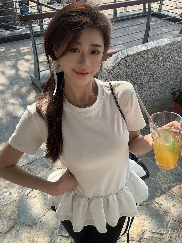 사람들 면 260 그램 퍼프 레이스 패치워크 페이크 레이어드 반팔 여성 여름 프릴 디자인 센스 라운드 넥 맨위 상세 이미지 13