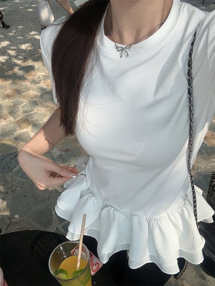 사람들 면 260 그램 퍼프 레이스 패치워크 페이크 레이어드 반팔 여성 여름 프릴 디자인 센스 라운드 넥 맨위 상세 이미지 14