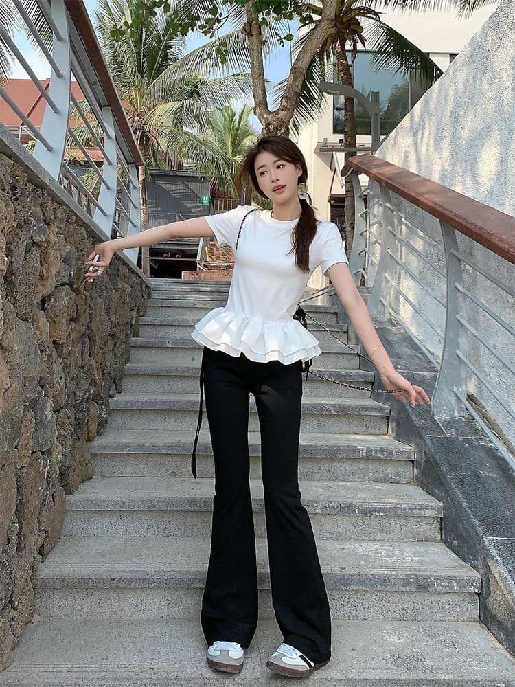 사람들 면 260 그램 퍼프 레이스 패치워크 페이크 레이어드 반팔 여성 여름 프릴 디자인 센스 라운드 넥 맨위 상세 이미지 16