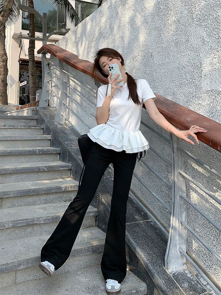 사람들 면 260 그램 퍼프 레이스 패치워크 페이크 레이어드 반팔 여성 여름 프릴 디자인 센스 라운드 넥 맨위 상세 이미지 17