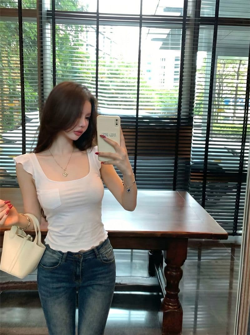 라이 경기 서울 광장 칼라 프릴 작은 날다 소매 티셔츠 여성 여름 몸매 가꾸기 슬림해 보이는 순수한 욕망 다용도 풀오버 쇼트 스타일 맨위 상세 이미지 10