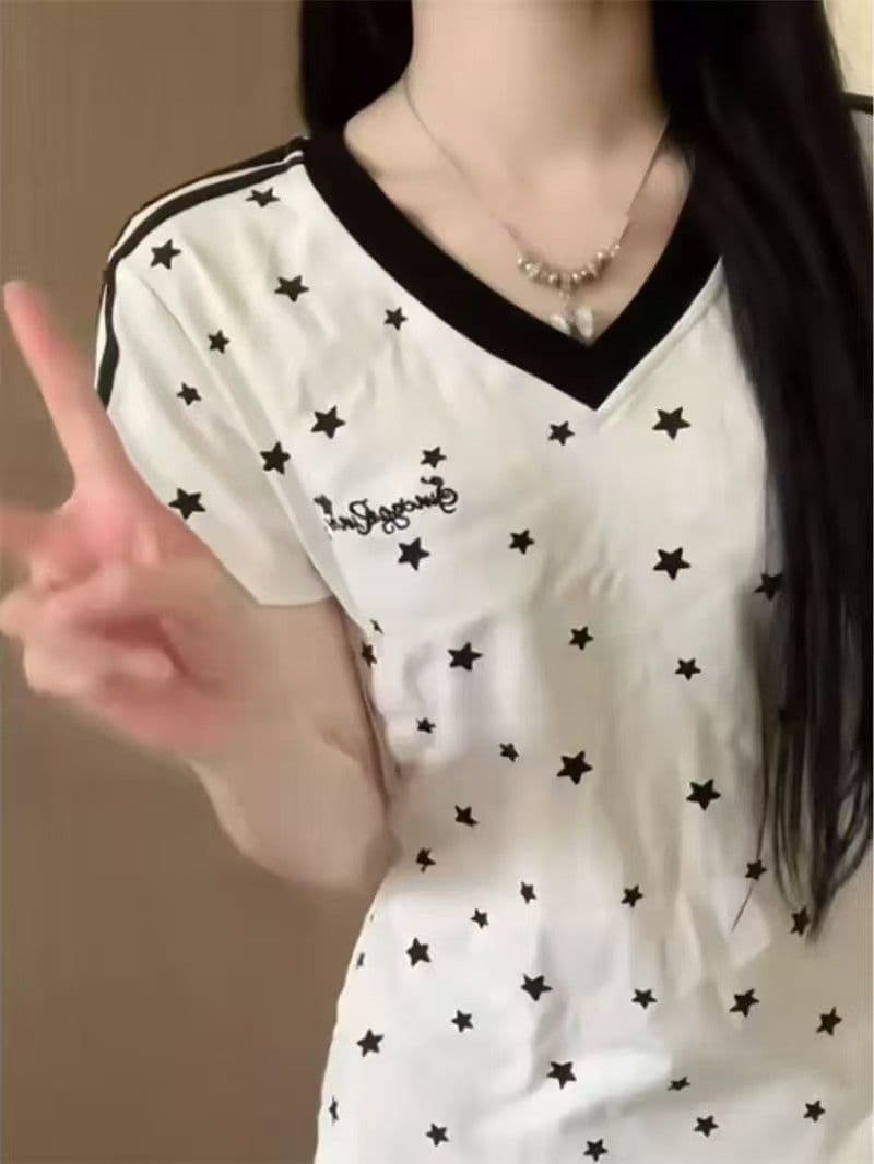 전체 인쇄 별 긍정적 인 어깨 V넥 반팔 티셔츠 여성 상세 이미지 2