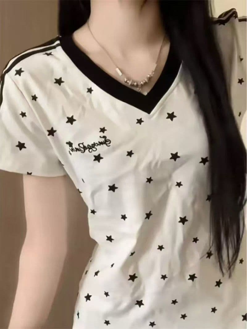 전체 인쇄 별 긍정적 인 어깨 V넥 반팔 티셔츠 여성 상세 이미지 4