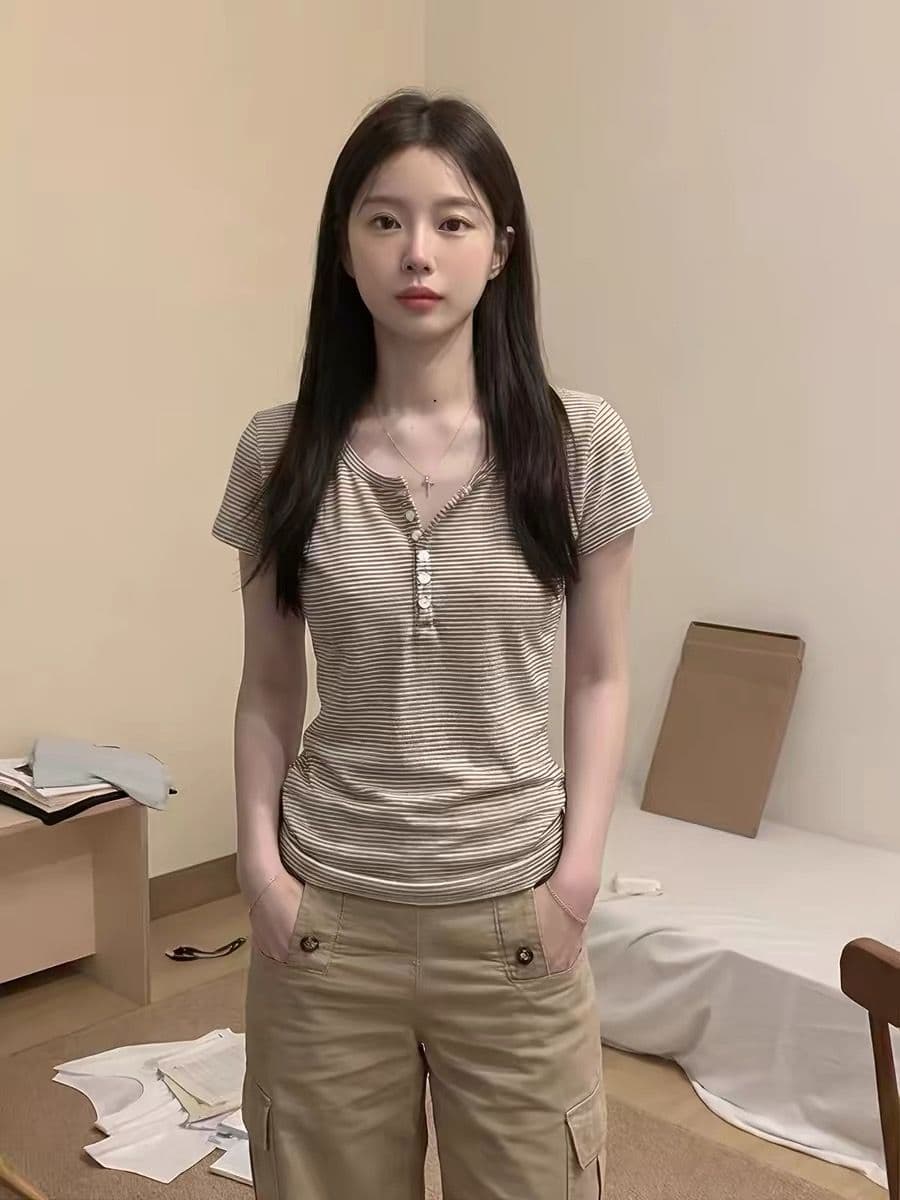 정가 광저우 원단 230 크 65 면 30 폴리에스터 섬유 5 암모니아 Lun 반팔 티셔츠 여성 상세 이미지 3