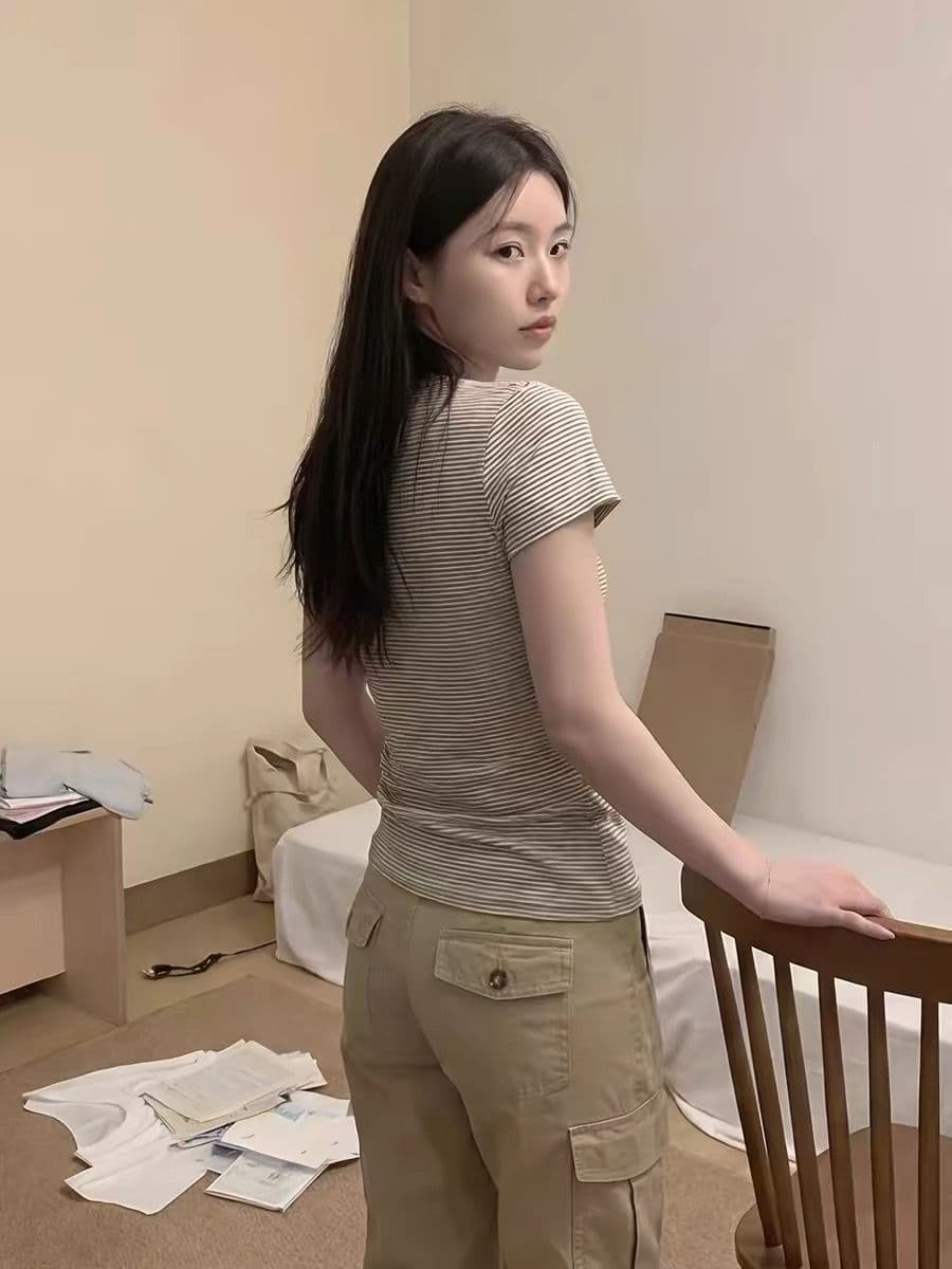 정가 광저우 원단 230 크 65 면 30 폴리에스터 섬유 5 암모니아 Lun 반팔 티셔츠 여성 상세 이미지 6