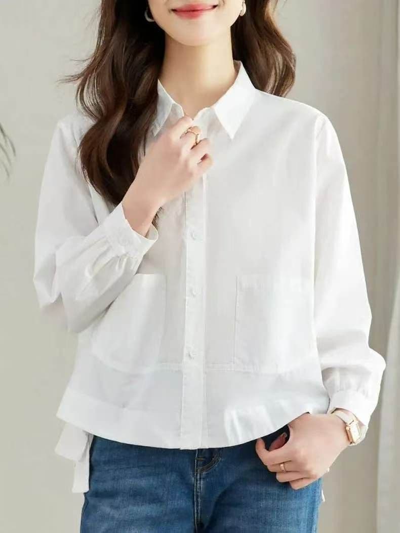 흰 셔츠 여성 긴 소매 더블 측면 포켓 루즈핏 순면 셔츠