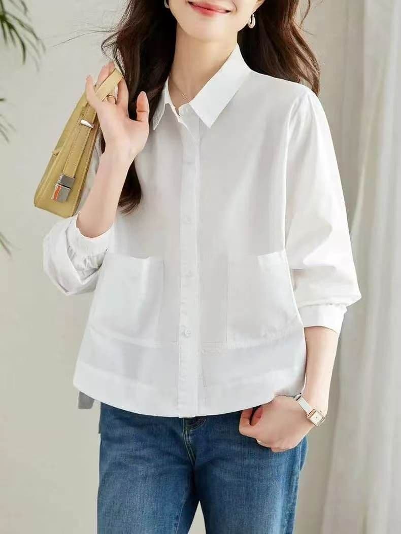흰 셔츠 여성 긴 소매 더블 측면 포켓 루즈핏 순면 셔츠 이미지 3