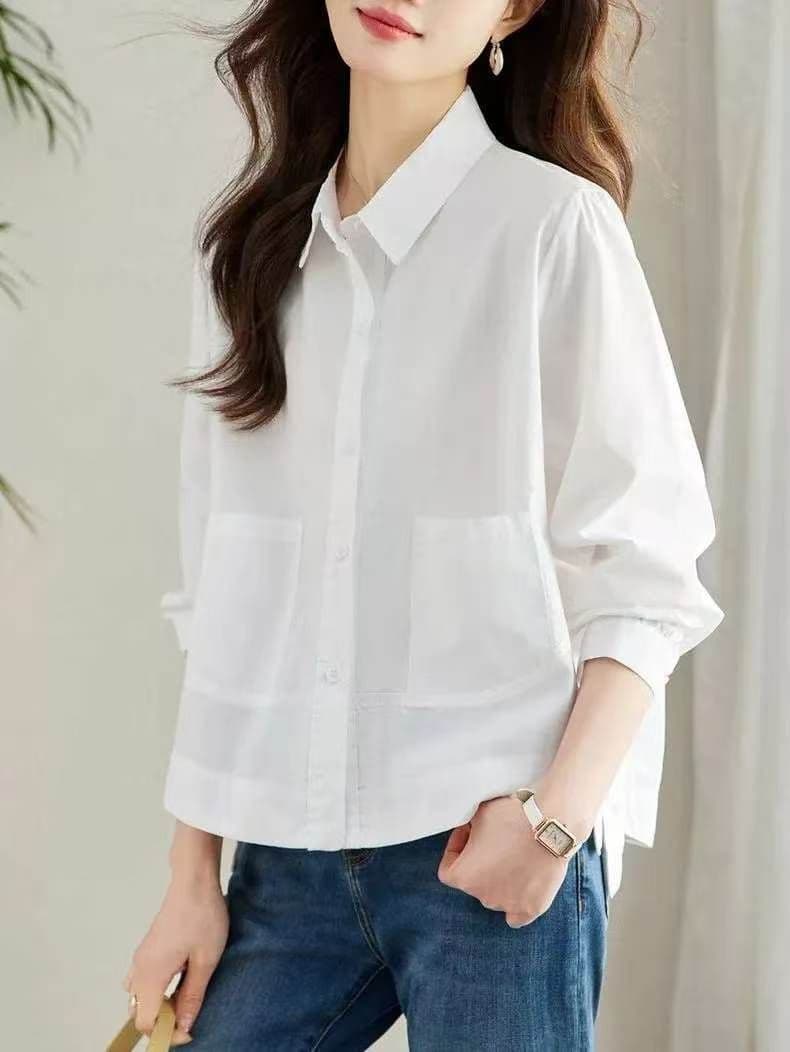 흰 셔츠 여성 긴 소매 더블 측면 포켓 루즈핏 순면 셔츠 상세 이미지 1