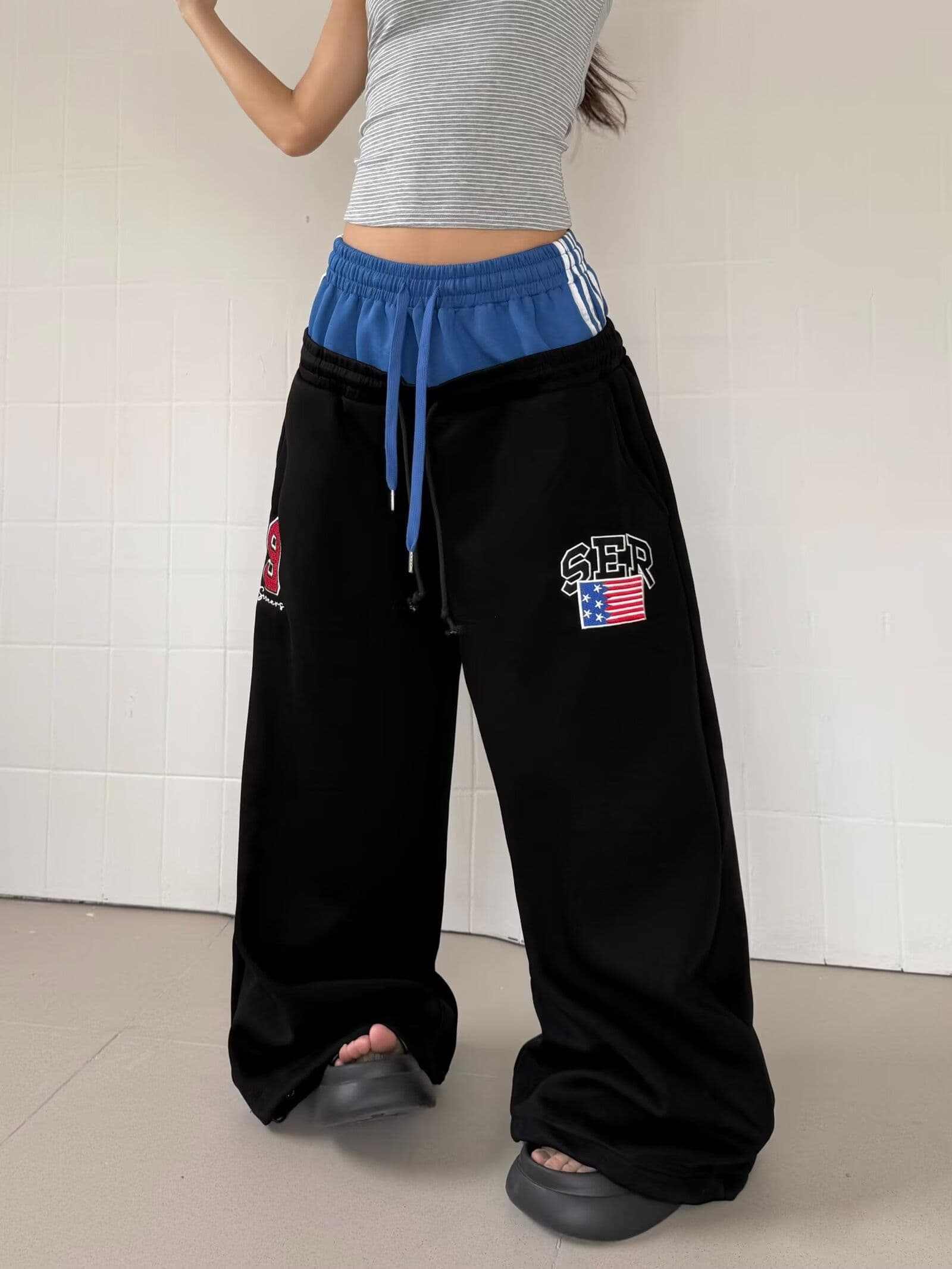 순수한 Mianhua 면 자수 모통이 칼 웨이 바지 아메리칸 레트로 더블 허리 머리 남녀 봄 새로운 루즈핏 캐주얼 웨이 바지