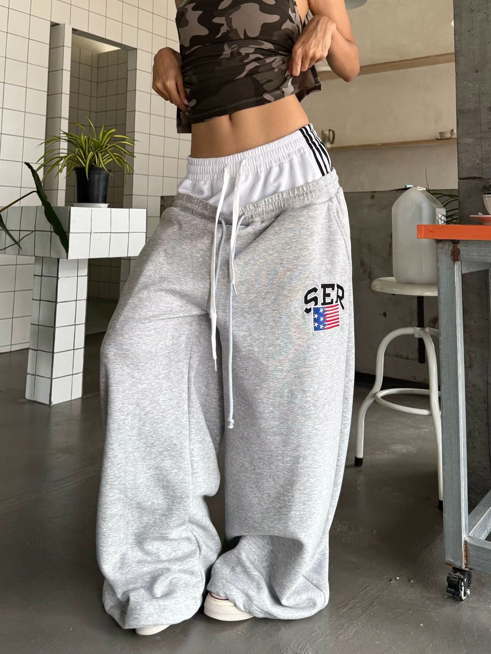 순수한 Mianhua 면 자수 모통이 칼 웨이 바지 아메리칸 레트로 더블 허리 머리 남녀 봄 새로운 루즈핏 캐주얼 웨이 바지 이미지 4