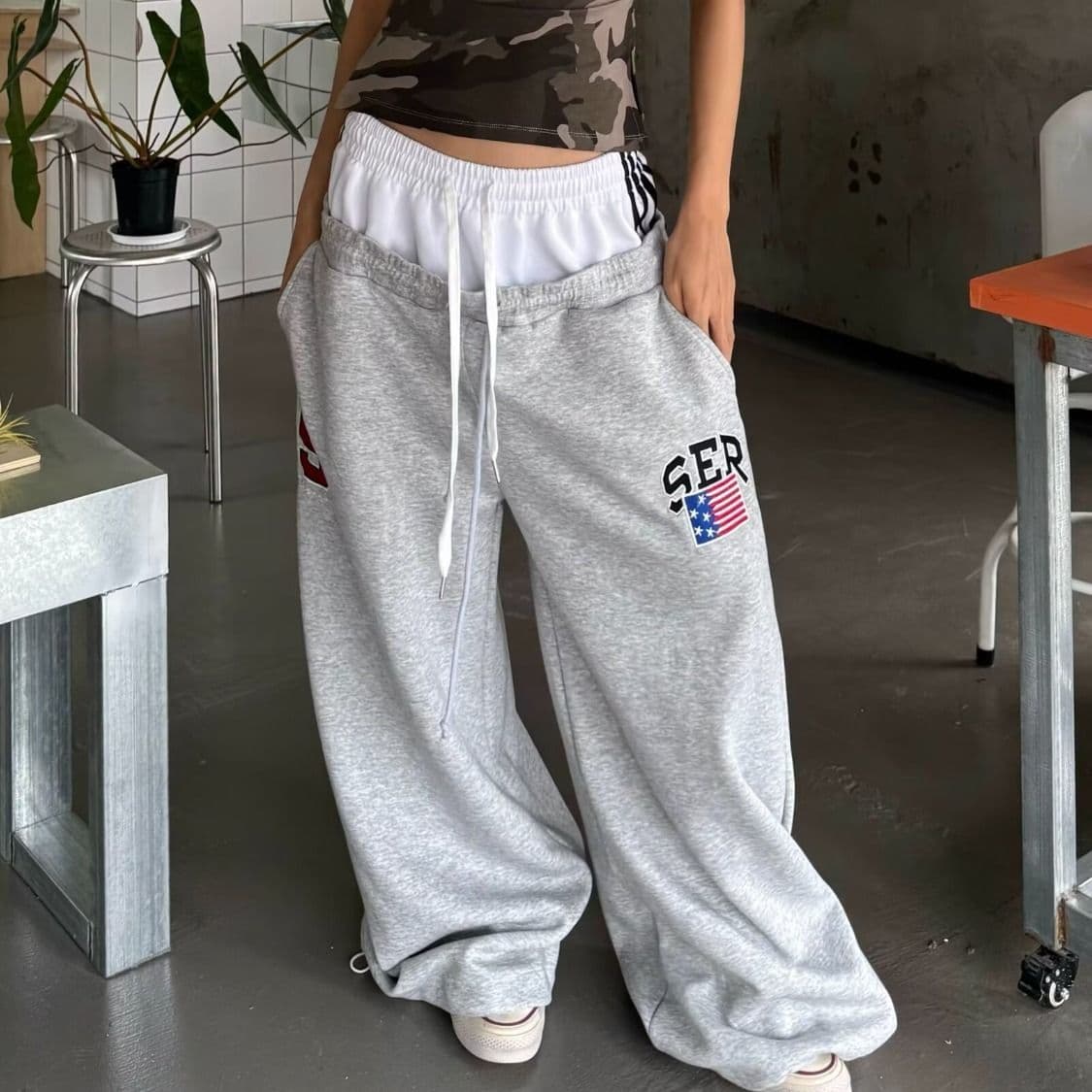 순수한 Mianhua 면 자수 모통이 칼 웨이 바지 아메리칸 레트로 더블 허리 머리 남녀 봄 새로운 루즈핏 캐주얼 웨이 바지 상세 이미지 7