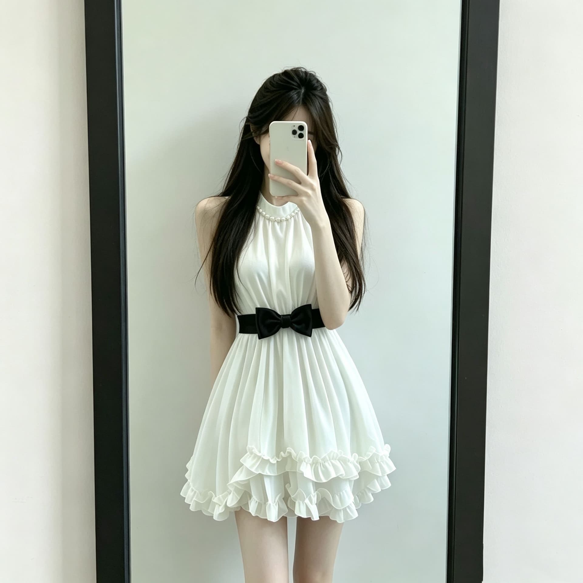 원본 품질 못 진주 프랑스식 레트로 프릴 민소매 천 금빛 바람 품격 허리 수축 슬림해 보이는 한 마디 미니 스커트 이미지 3