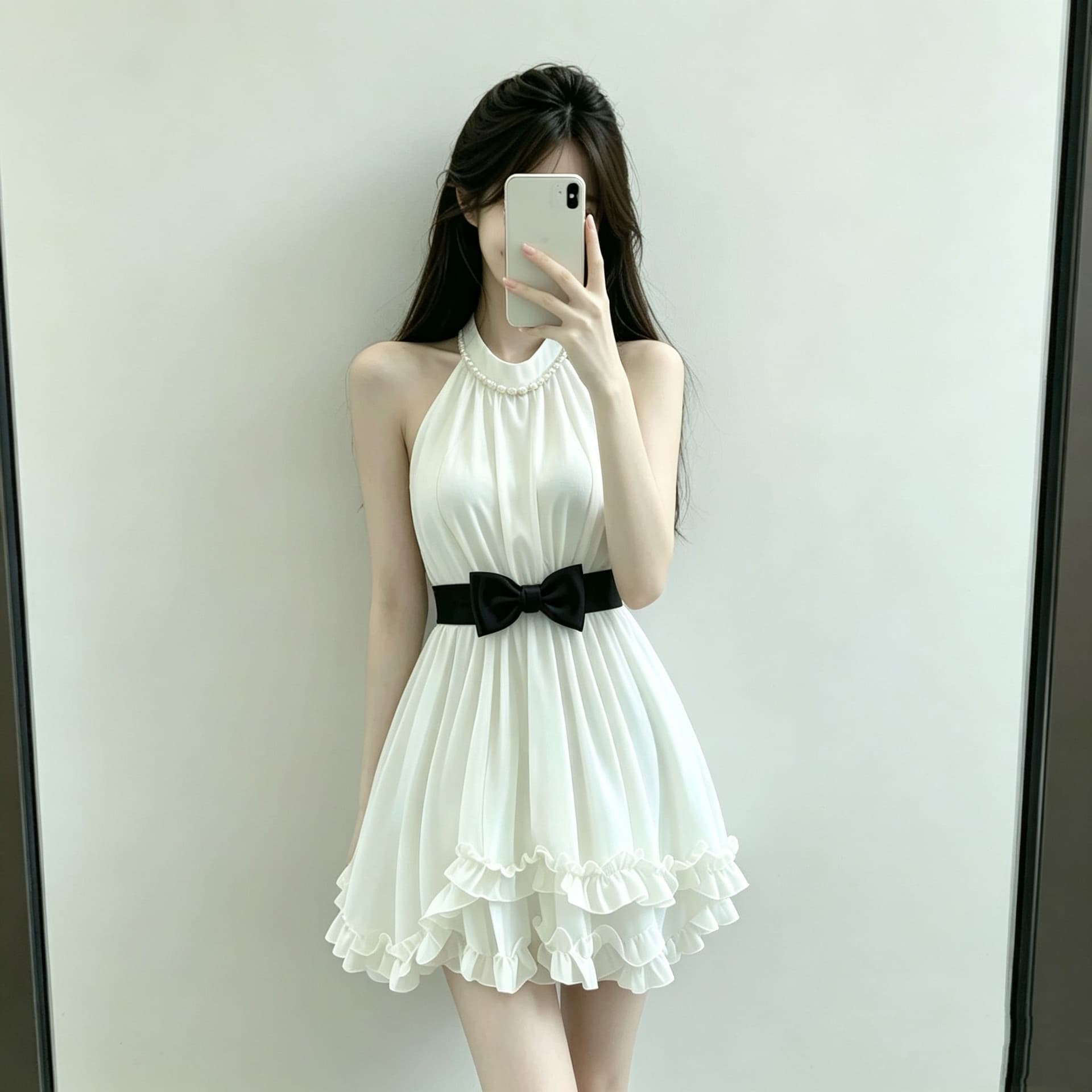 원본 품질 못 진주 프랑스식 레트로 프릴 민소매 천 금빛 바람 품격 허리 수축 슬림해 보이는 한 마디 미니 스커트 이미지 2